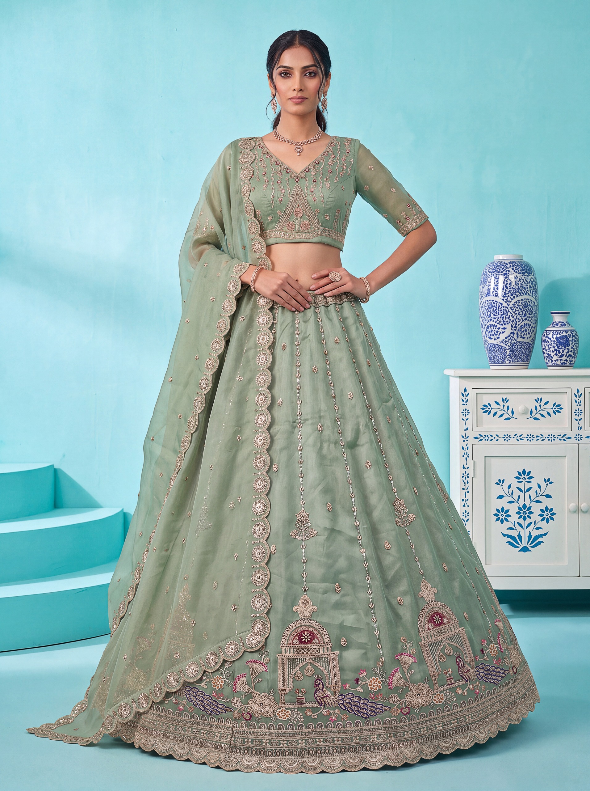 Anjani Art Bridal Lehenga 3092 Chandnia Silk Peacock Pattern Handwork Lehenga Choli