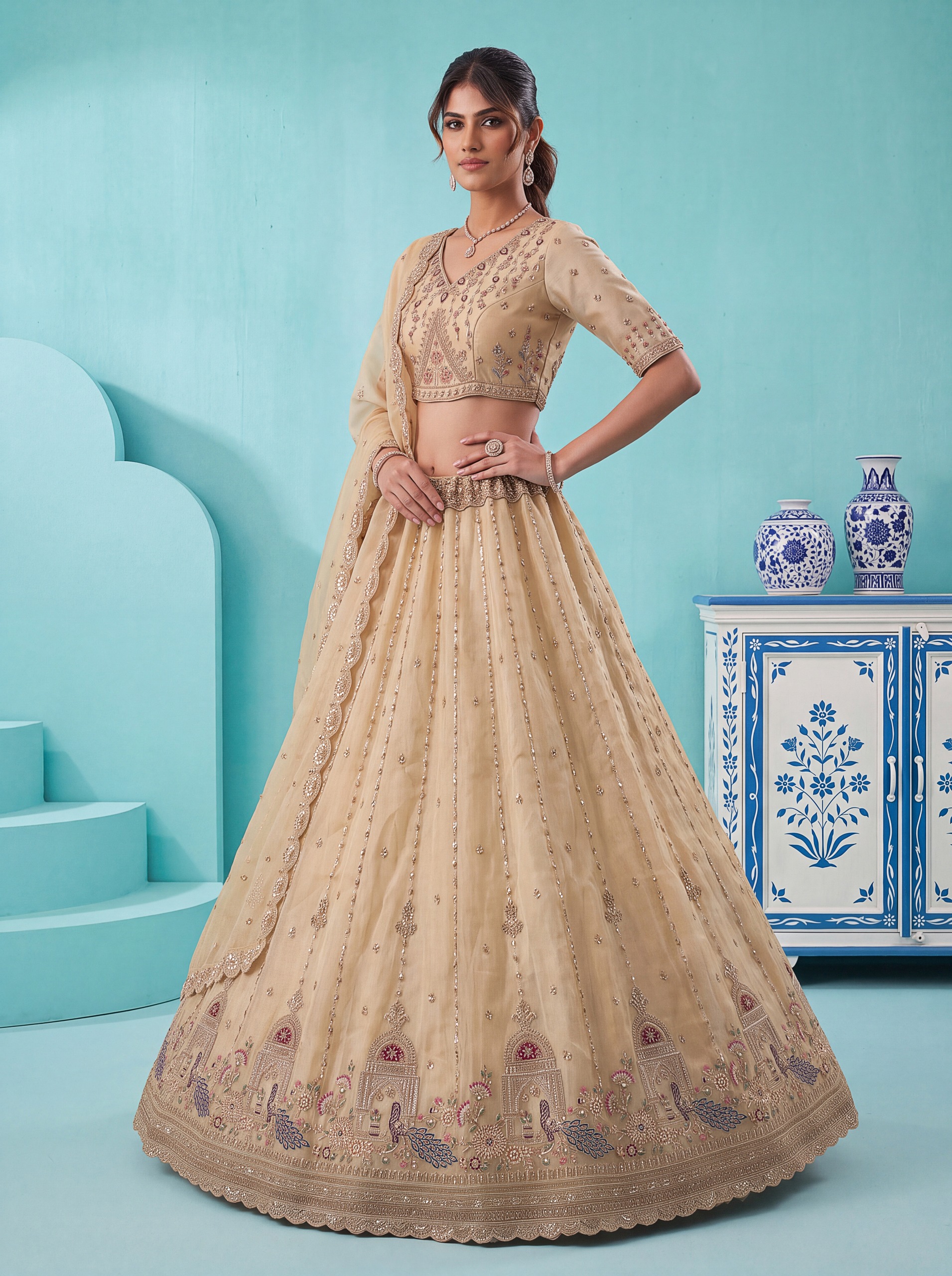 Anjani Art Bridal Lehenga 3092 Chandnia Silk Peacock Pattern Handwork Lehenga Choli — Wholesale Lehenga, Anjani Art wholesale from Surat — view 9