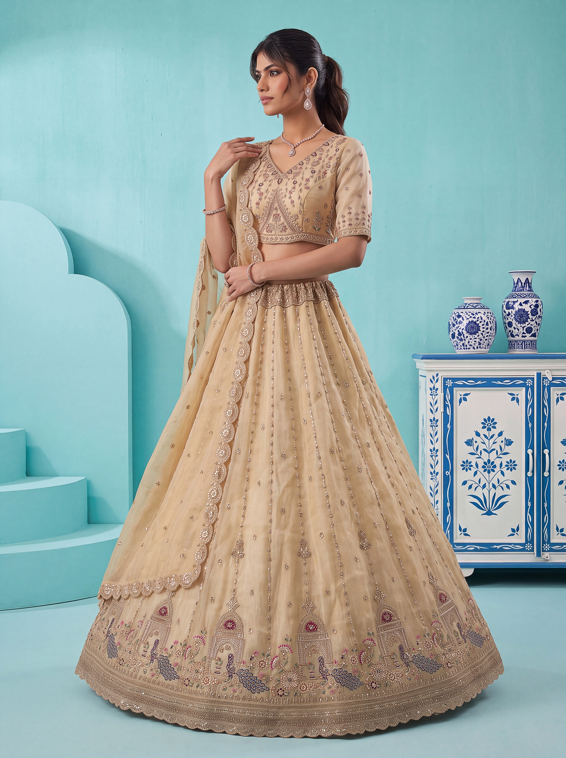 Anjani Art Bridal Lehenga 3092 Chandnia Silk Peacock Pattern Handwork Lehenga Choli — Wholesale Lehenga, Anjani Art wholesale from Surat — view 8