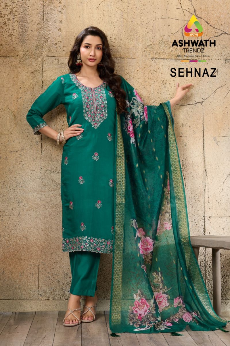 At Sehnaz Mul Chanderi Embroidered Kurti With Bottom Dupatta