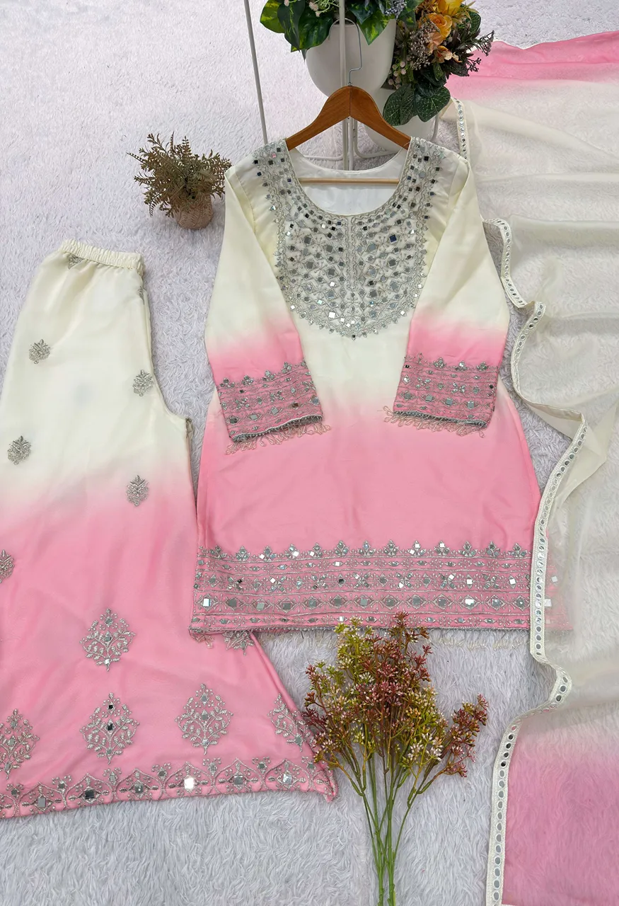 Be 491 Mirror Embroidered Worked Top Plazzo With Dupatta Set — Wholesale Kurtis, Vardan Ethnic wholesale from Surat — view 3