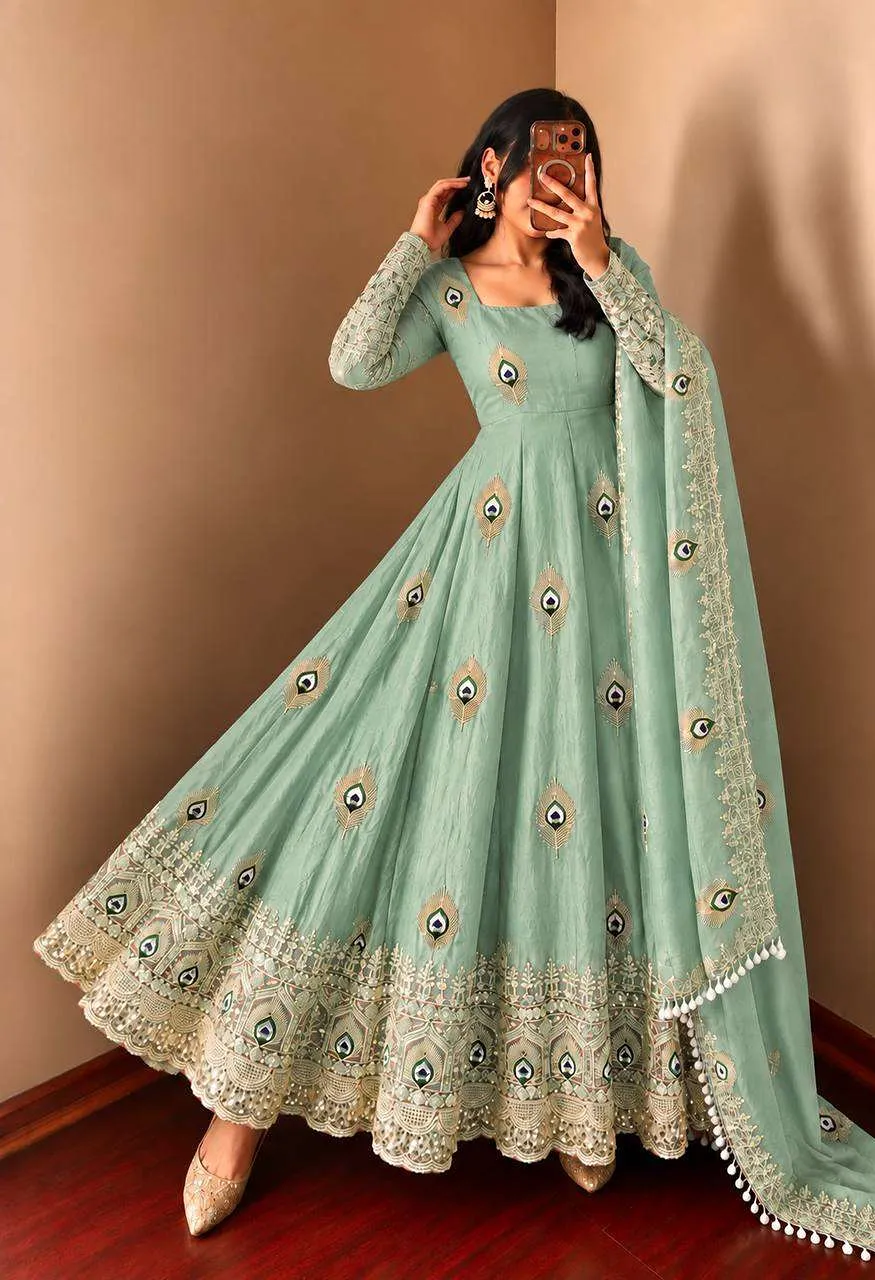 Srk 5372 Silk Beautiful Designer Look Anarkali Gown Pant With Dupatta Set — Festive Designer Catalog, Vardan Ethnic wholesale from Surat — Photo 4
