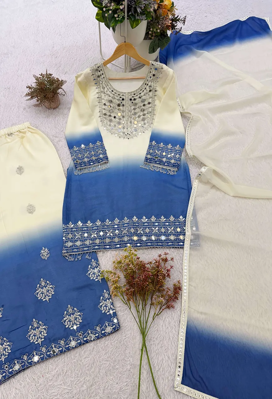 Be 491 Mirror Embroidered Worked Top Plazzo With Dupatta Set — Wholesale Kurtis, Vardan Ethnic wholesale from Surat — view 6