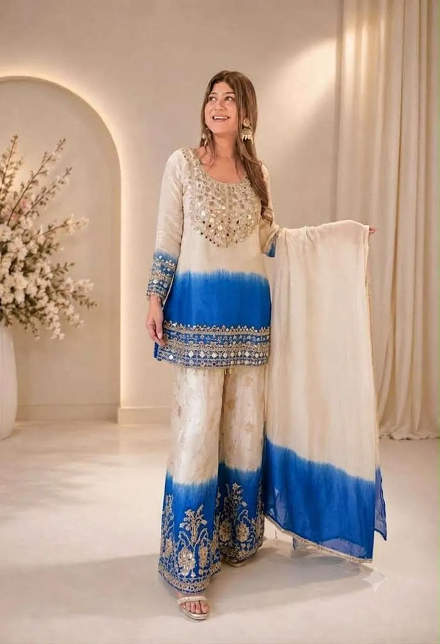 Be 491 Mirror Embroidered Worked Top Plazzo With Dupatta Set
