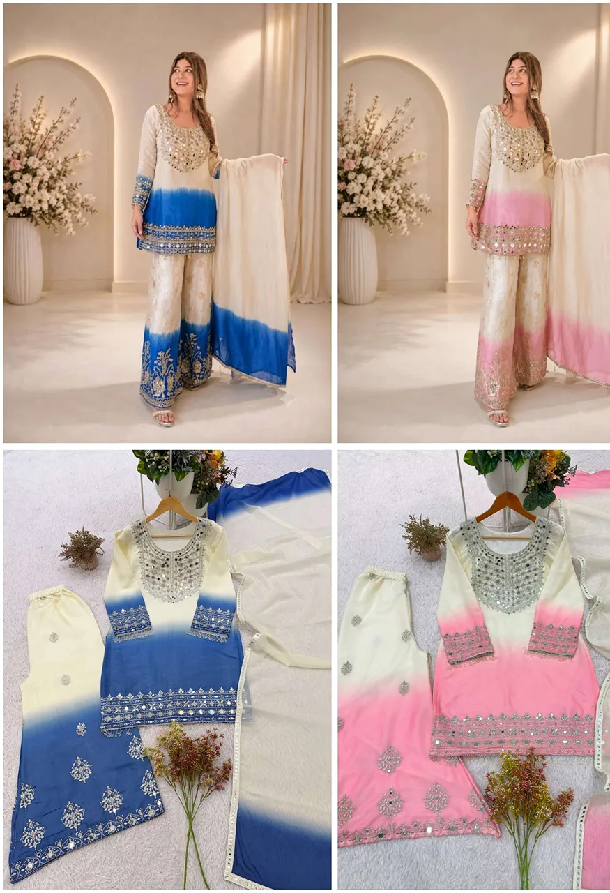 Be 491 Mirror Embroidered Worked Top Plazzo With Dupatta Set — Wholesale Kurtis, Vardan Ethnic wholesale from Surat — view 7