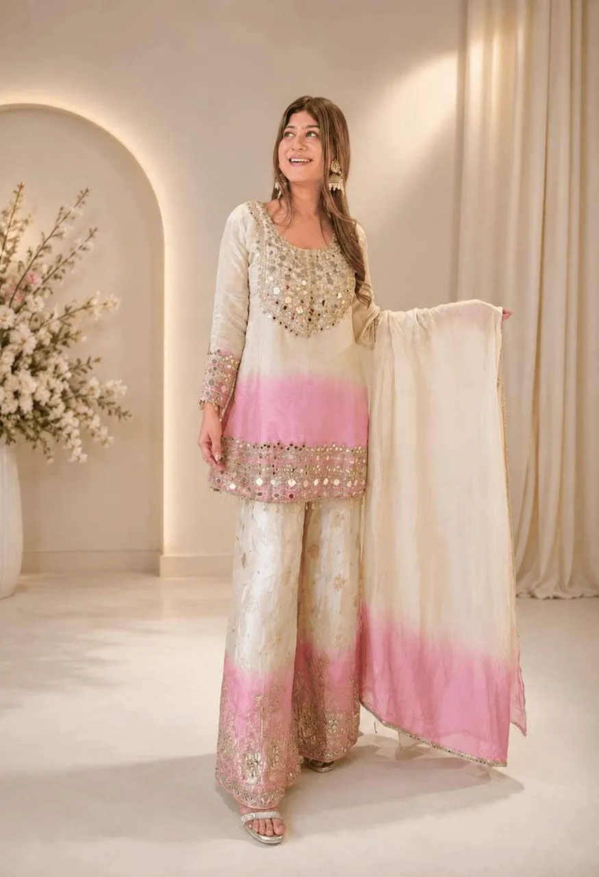Be 491 Mirror Embroidered Worked Top Plazzo With Dupatta Set — Wholesale Kurtis, Vardan Ethnic wholesale from Surat — view 8