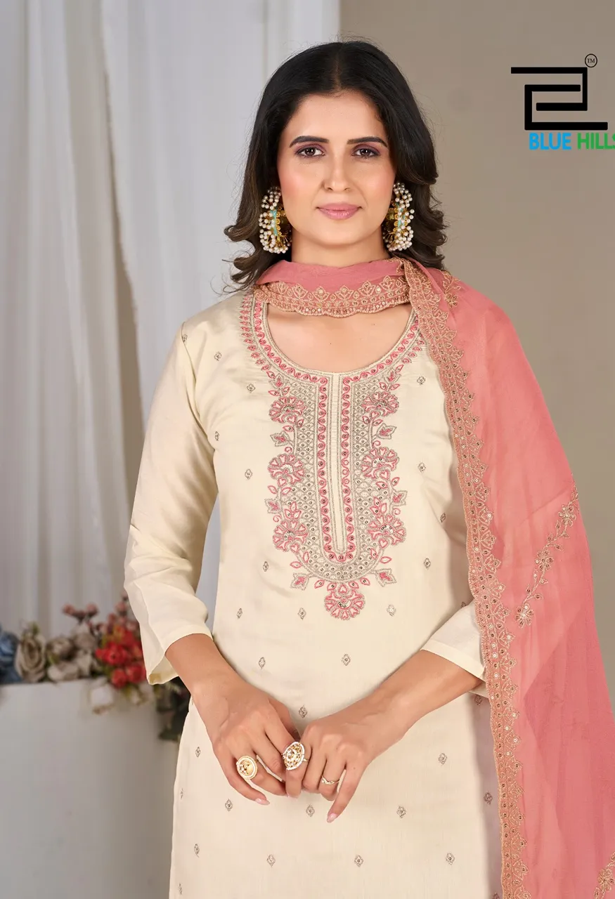 Blue Hills Tanishk Premium Roman Silk 3 Piece Designer Suit Set With Heavy Nazneen Dupatta Set