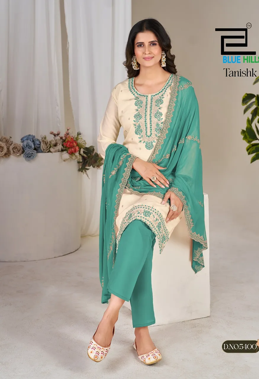 Blue Hills Tanishk Premium Roman Silk 3 Piece Designer Suit Set With Heavy Nazneen Dupatta Set — Wholesale Kurtis, Blue Hills wholesale from Surat — Photo 5