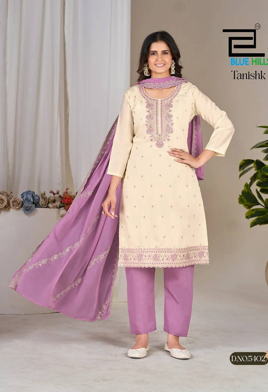 Blue Hills Tanishk Premium Roman Silk 3 Piece Designer Suit Set With Heavy Nazneen Dupatta Set — Wholesale Kurtis, Blue Hills wholesale from Surat — Photo 9