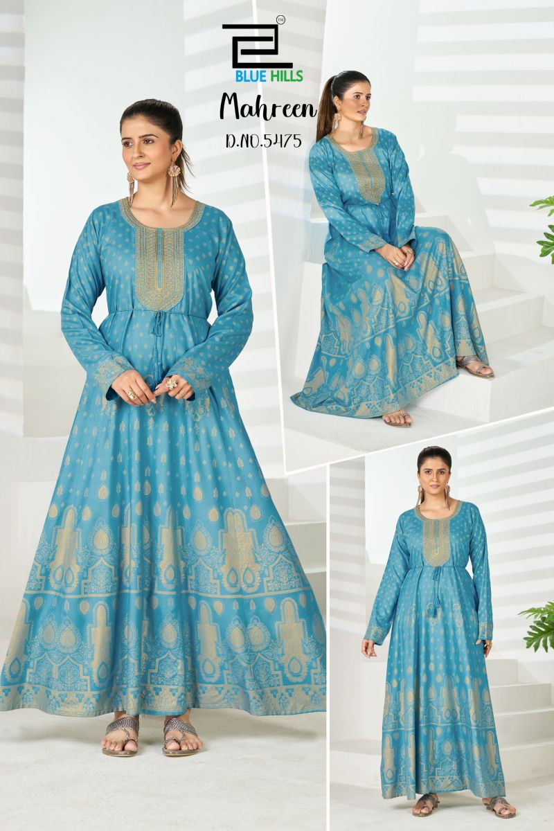 Blue Hills Mahreen Plus Size Rayon Foil Print Neck Embroidered Gown Collection — Wholesale Kurtis, Blue Hills wholesale from Surat — Photo 2