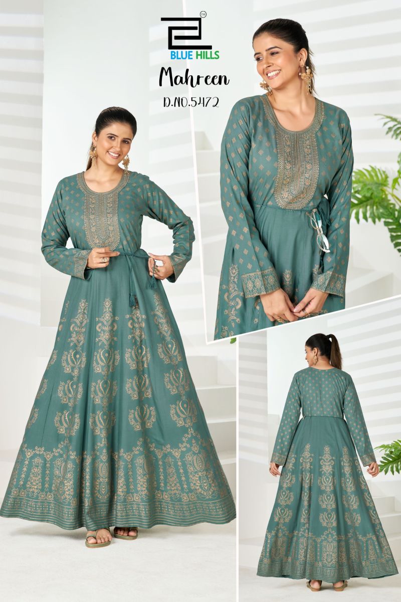 Blue Hills Mahreen Plus Size Rayon Foil Print Neck Embroidered Gown Collection — Wholesale Kurtis, Blue Hills wholesale from Surat — Photo 5