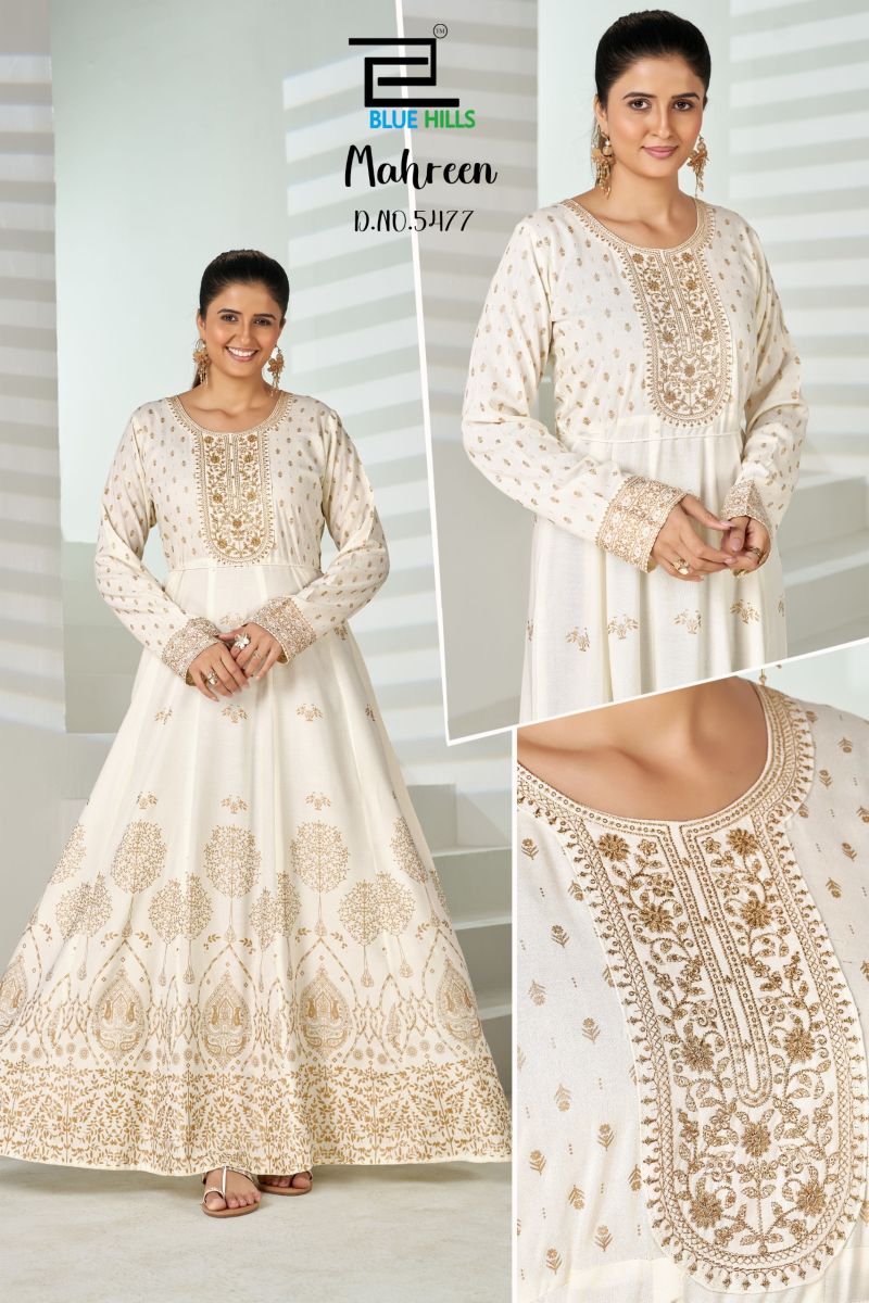 Blue Hills Mahreen Plus Size Rayon Foil Print Neck Embroidered Gown Collection