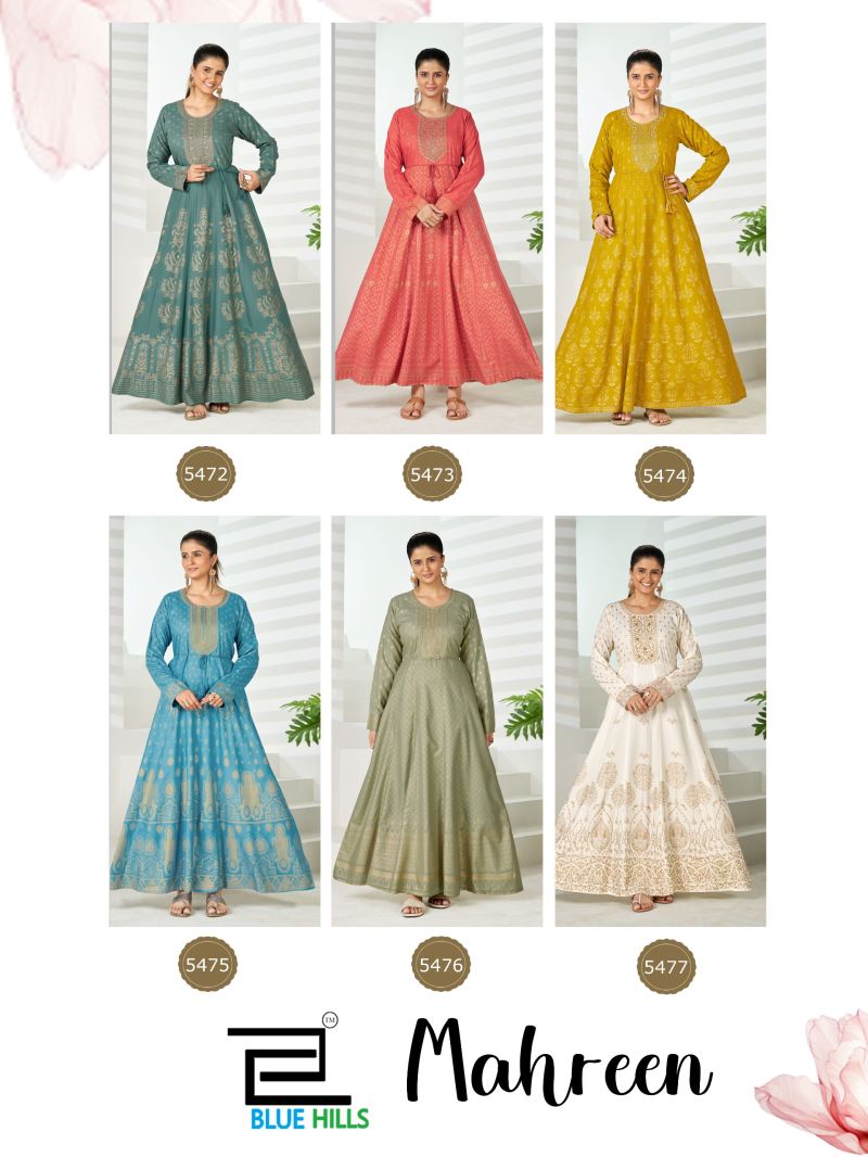 Blue Hills Mahreen Plus Size Rayon Foil Print Neck Embroidered Gown Collection — Wholesale Kurtis, Blue Hills wholesale from Surat — Photo 6