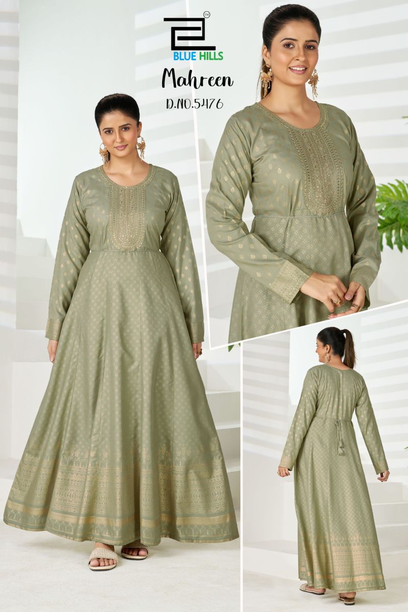 Blue Hills Mahreen Plus Size Rayon Foil Print Neck Embroidered Gown Collection — Wholesale Kurtis, Blue Hills wholesale from Surat — Photo 4