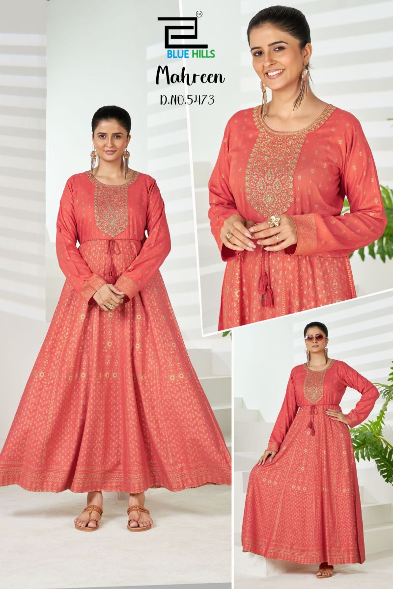 Blue Hills Mahreen Plus Size Rayon Foil Print Neck Embroidered Gown Collection — Wholesale Kurtis, Blue Hills wholesale from Surat — Photo 3