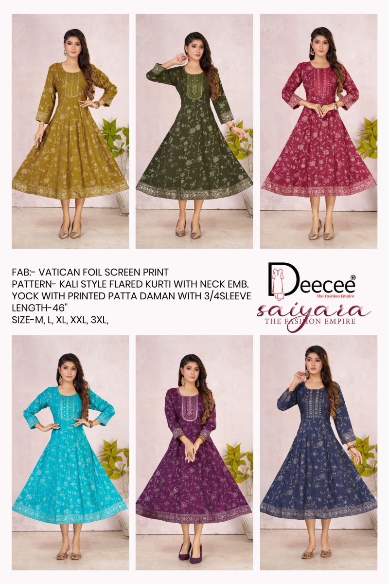 Deecee Saiyara Vatican Foil Print Neck Embroidered Flair Kurti Collection — Wholesale Kurtis, DEECEE wholesale from Surat — view 6