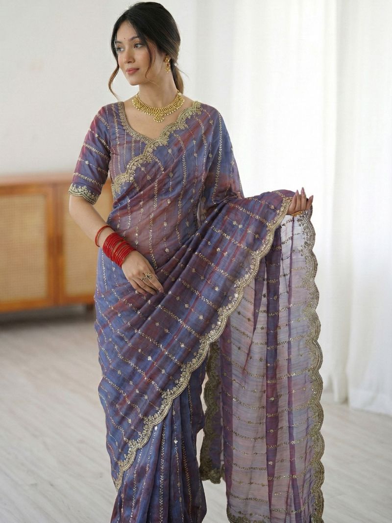 Em 20 Fandy Chiffon Embroidered Sequence Worked Saree — Designer Partywear Sarees, Vardan Ethnic wholesale from Surat — Photo 6