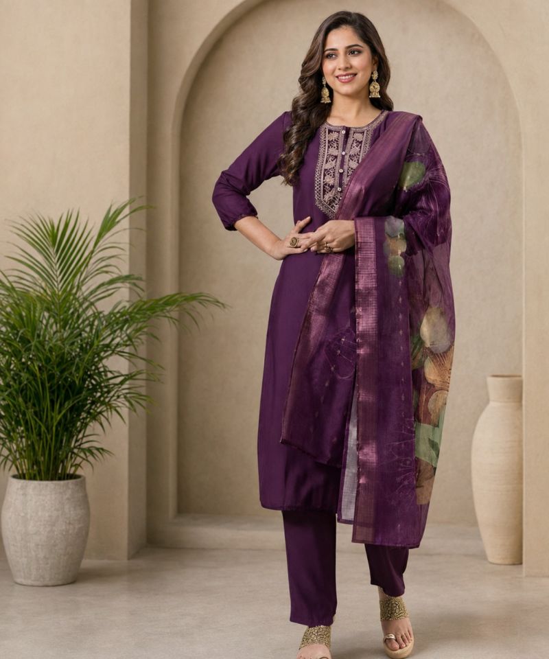 Emily 04 To 06 Rayon Slub Embroidered Designer Kurti WIth Bottom Dupatta — Wholesale Kurtis, Vardan Ethnic wholesale from Surat — Photo 4
