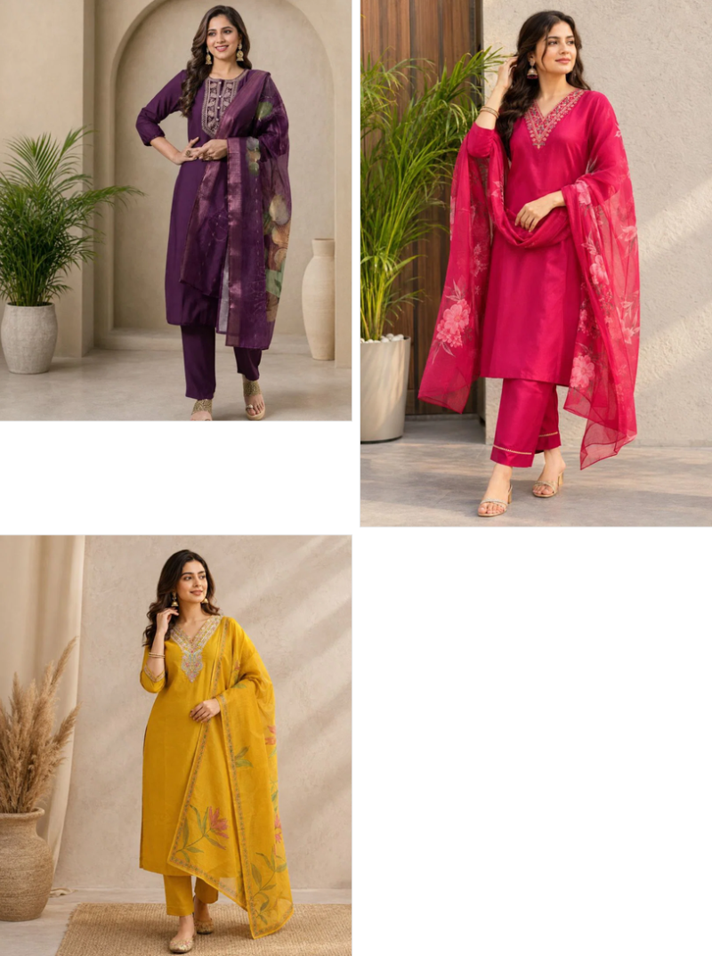 Emily 04 To 06 Rayon Slub Embroidered Designer Kurti WIth Bottom Dupatta — Wholesale Kurtis, Vardan Ethnic wholesale from Surat — Photo 3