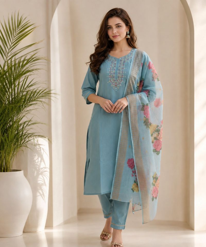 Emily 08 To 10 Rayon Slub Embroidered Designer Kurti With Bottom Dupatta — Wholesale Kurtis, Vardan Ethnic wholesale from Surat — Photo 2