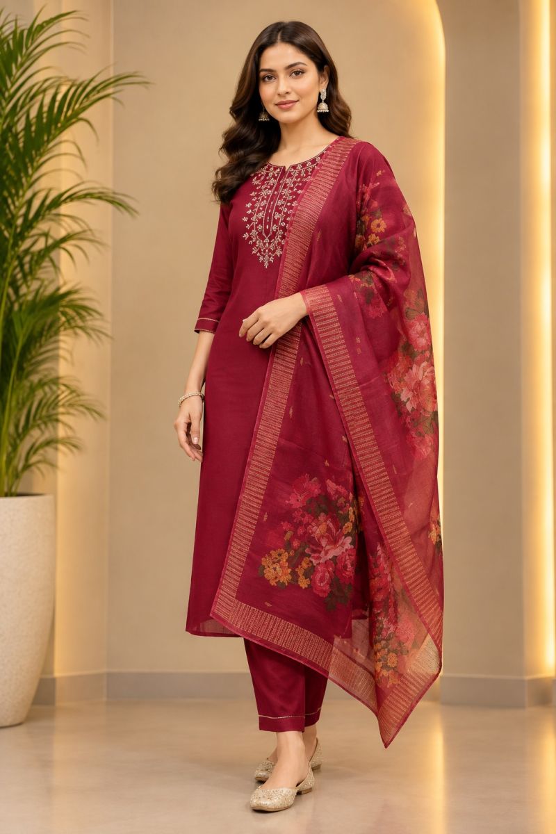 Emily 08 To 10 Rayon Slub Embroidered Designer Kurti With Bottom Dupatta