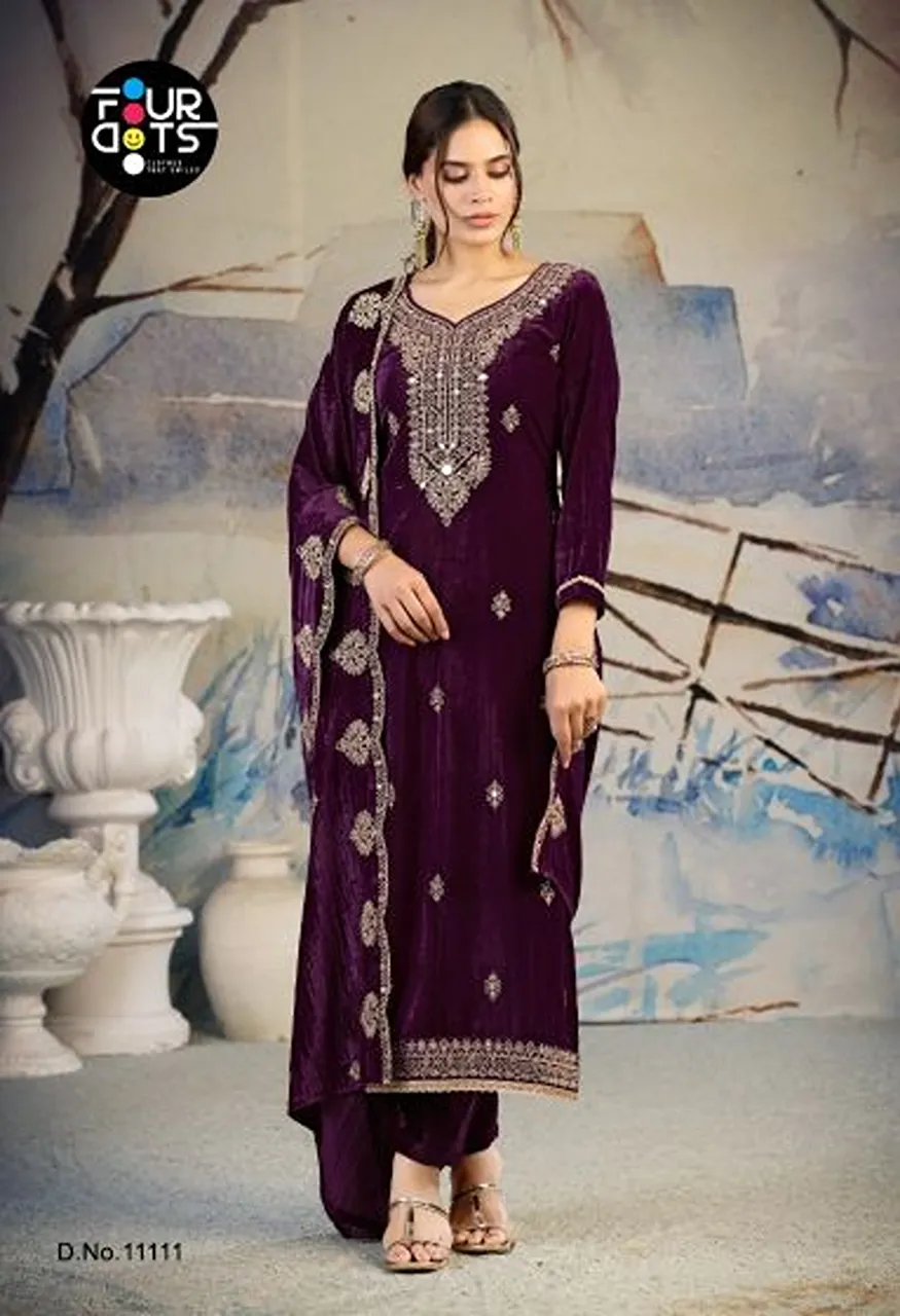 Four Dots Roza Crush Velvet Cording And Mirror Work Designer Dress Material Catalog — Wholesale Salwar Suits, Kessi wholesale from Surat — Photo 2