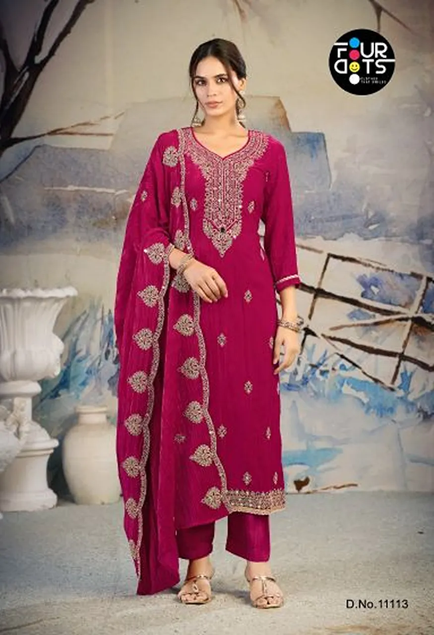 Four Dots Roza Crush Velvet Cording And Mirror Work Designer Dress Material Catalog