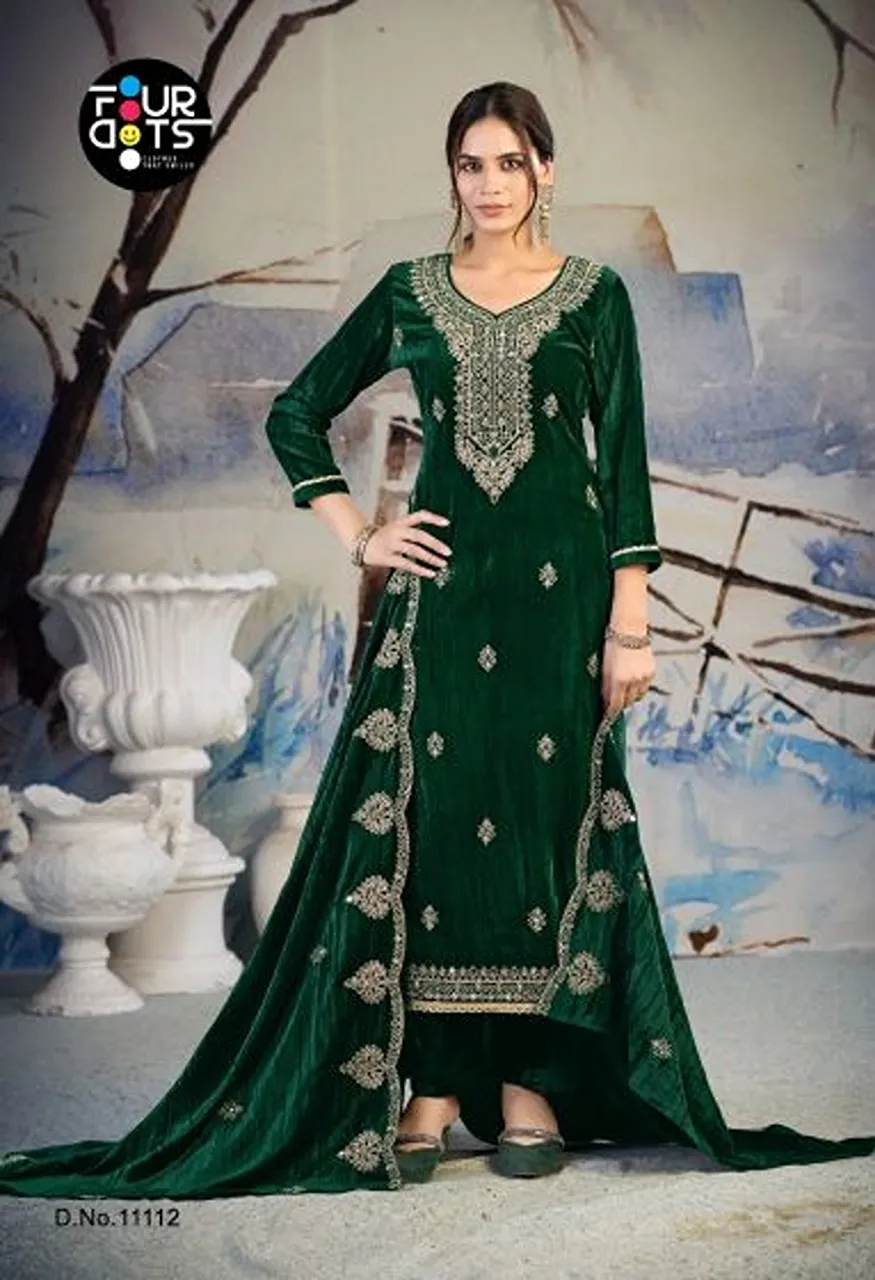 Four Dots Roza Crush Velvet Cording And Mirror Work Designer Dress Material Catalog — Wholesale Salwar Suits, Kessi wholesale from Surat — Photo 4