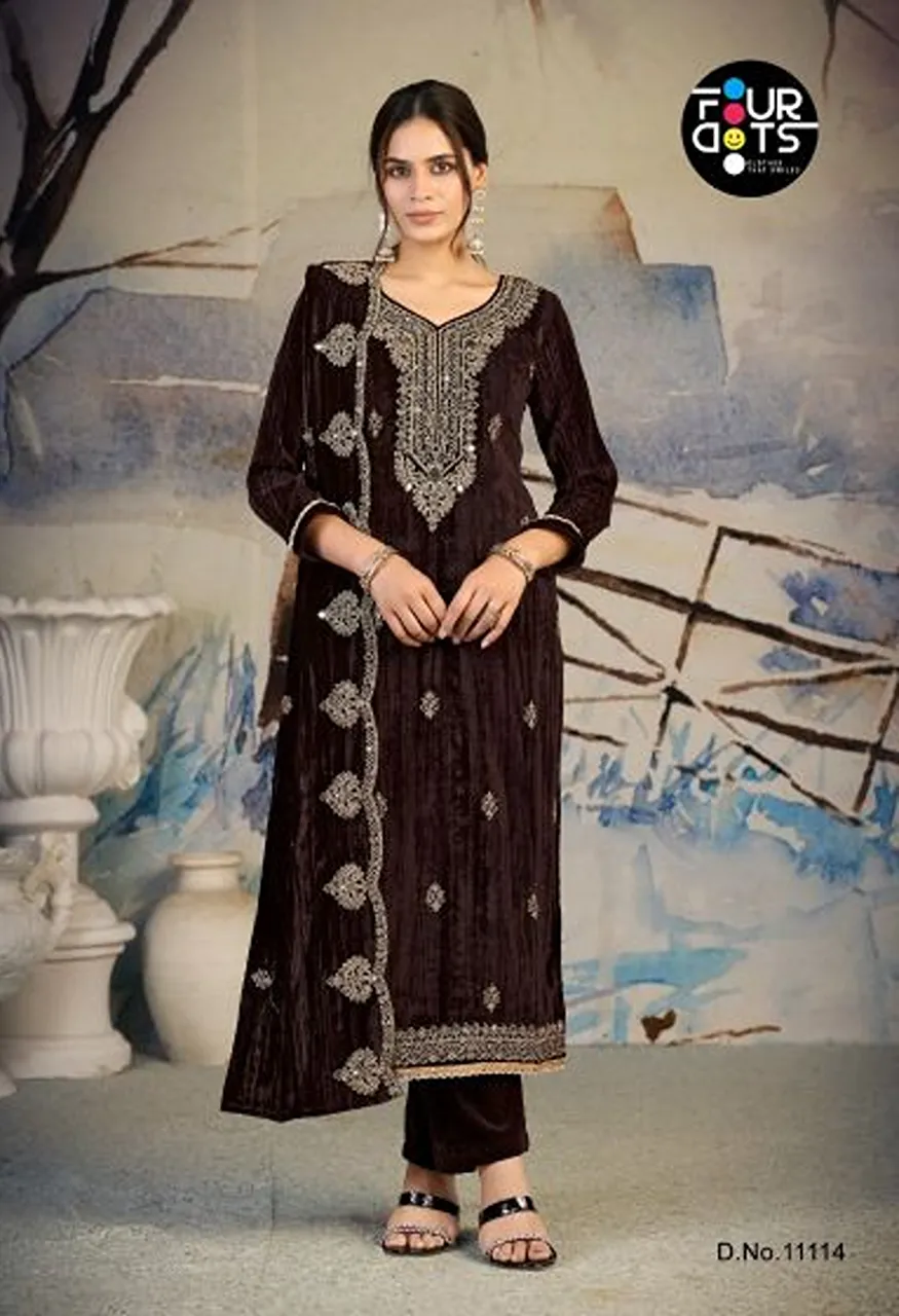 Four Dots Roza Crush Velvet Cording And Mirror Work Designer Dress Material Catalog — Wholesale Salwar Suits, Kessi wholesale from Surat — Photo 3