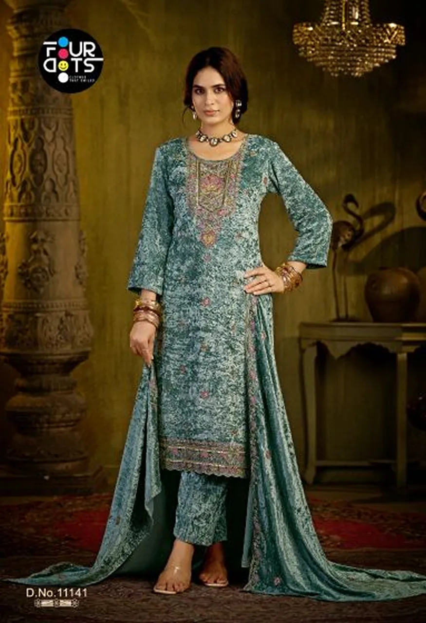 Four Dots Zara Makhamal Velvet Beads Work Designer Dress Material Collection