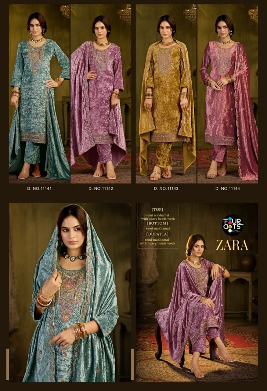 Four Dots Zara Makhamal Velvet Beads Work Designer Dress Material Collection — Wholesale Salwar Suits, Four Dots wholesale from Surat — view 6