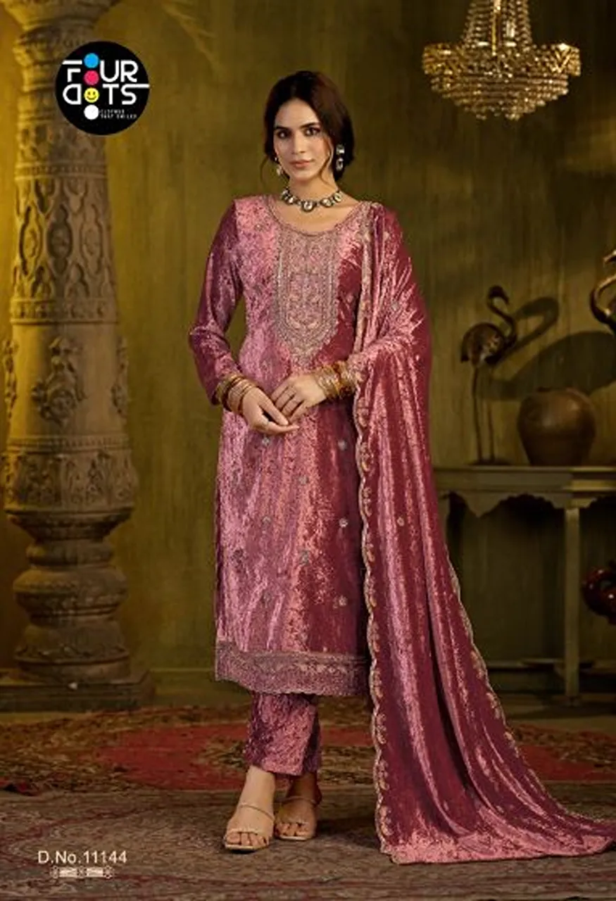 Four Dots Zara Makhamal Velvet Beads Work Designer Dress Material Collection — Wholesale Salwar Suits, Four Dots wholesale from Surat — view 2