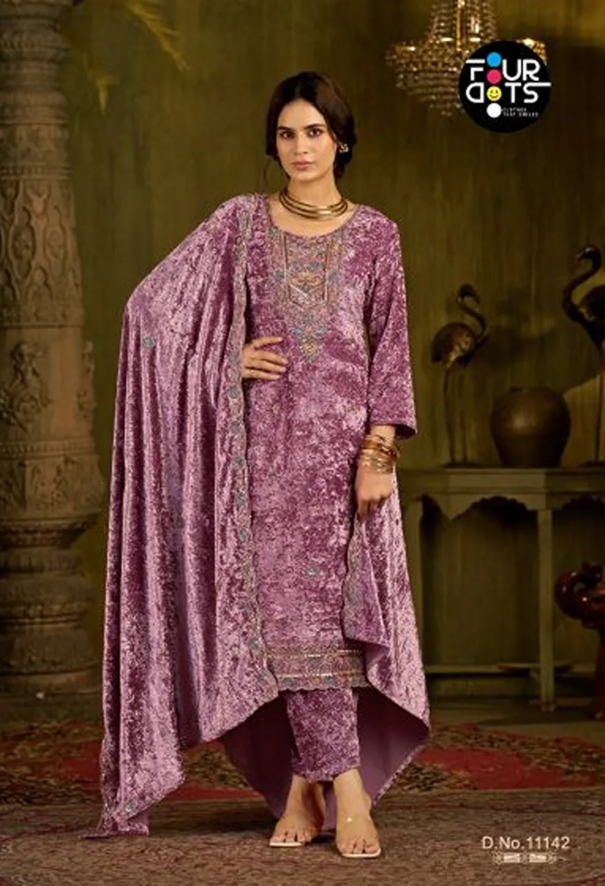 Four Dots Zara Makhamal Velvet Beads Work Designer Dress Material Collection — Wholesale Salwar Suits, Four Dots wholesale from Surat — view 3
