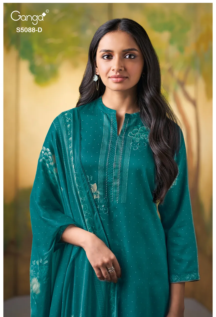 Ganga Prairie 5088 Premium Cotton Satin Printed Suit Set with Chiffon Dupatta Set