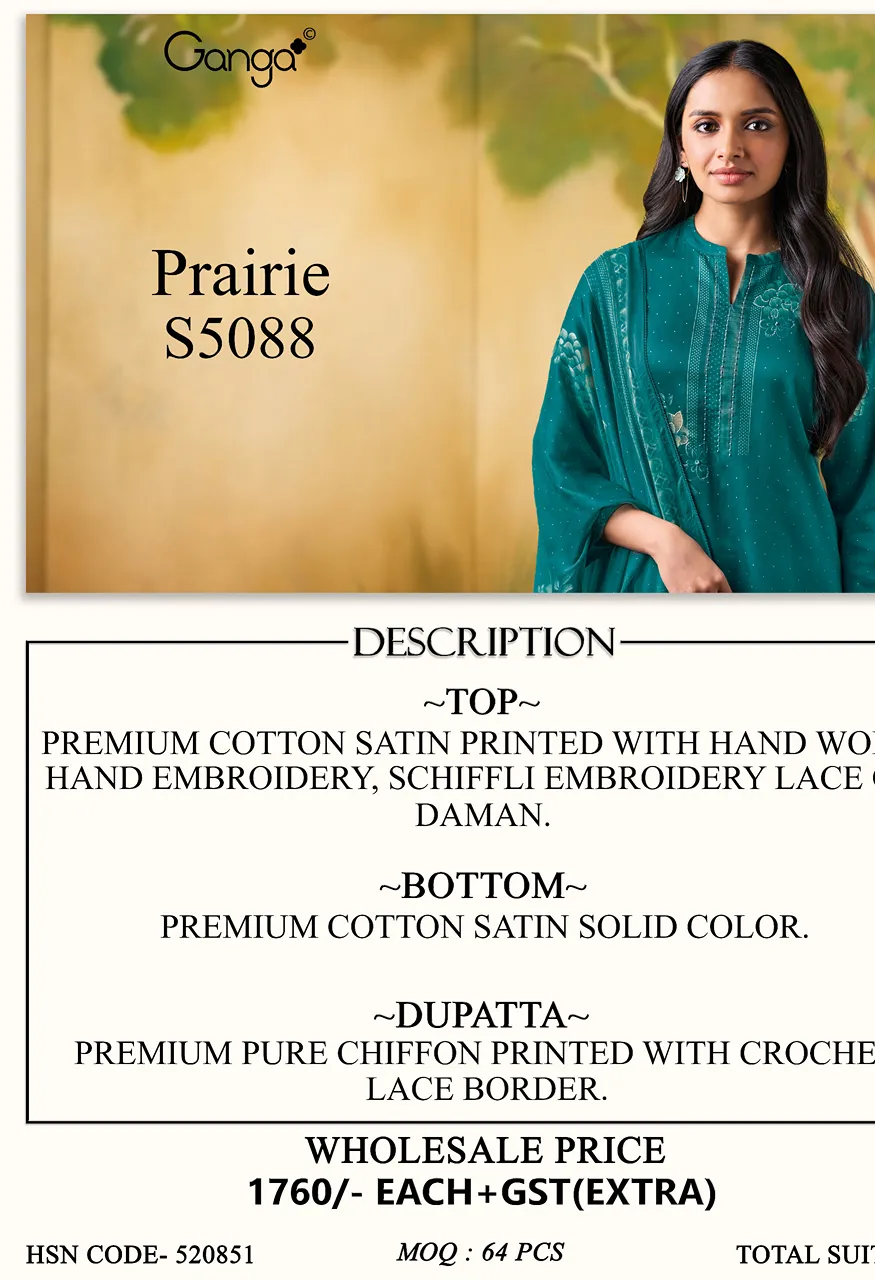 Ganga Prairie 5088 Premium Cotton Satin Printed Suit Set with Chiffon Dupatta Set — Wholesale Dress Material, Ganga wholesale from Surat — Photo 3