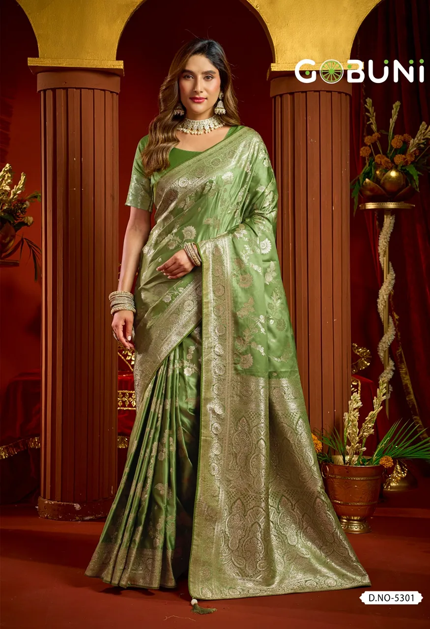 Gobuni Sumona Satin Silk Saree with Swarovski Work 6.30 Mtr Saree with Blouse — Organza Saree, Gobuni wholesale from Surat — Photo 3