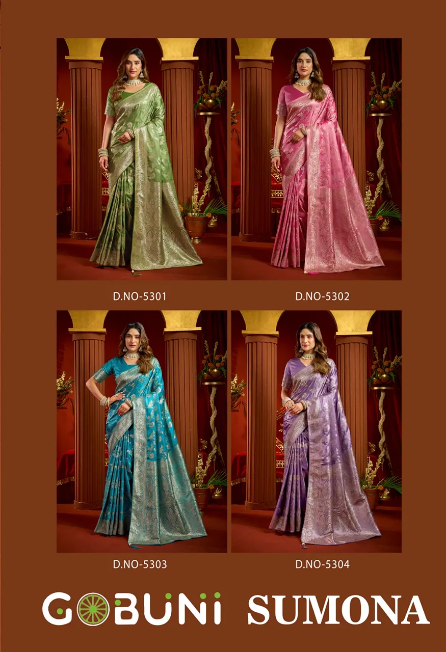 Gobuni Sumona Satin Silk Saree with Swarovski Work 6.30 Mtr Saree with Blouse — Organza Saree, Gobuni wholesale from Surat — Photo 7
