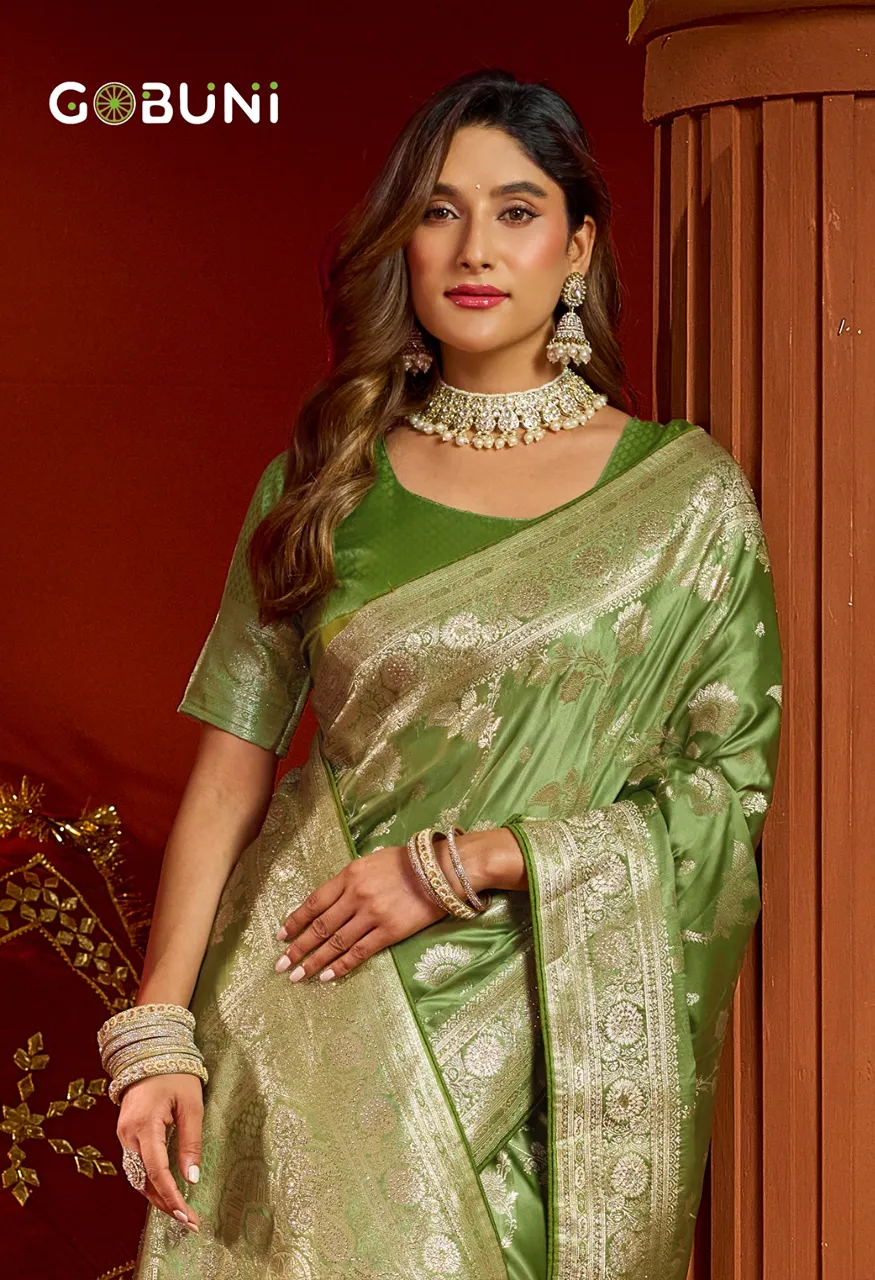 Gobuni Sumona Satin Silk Saree with Swarovski Work 6.30 Mtr Saree with Blouse
