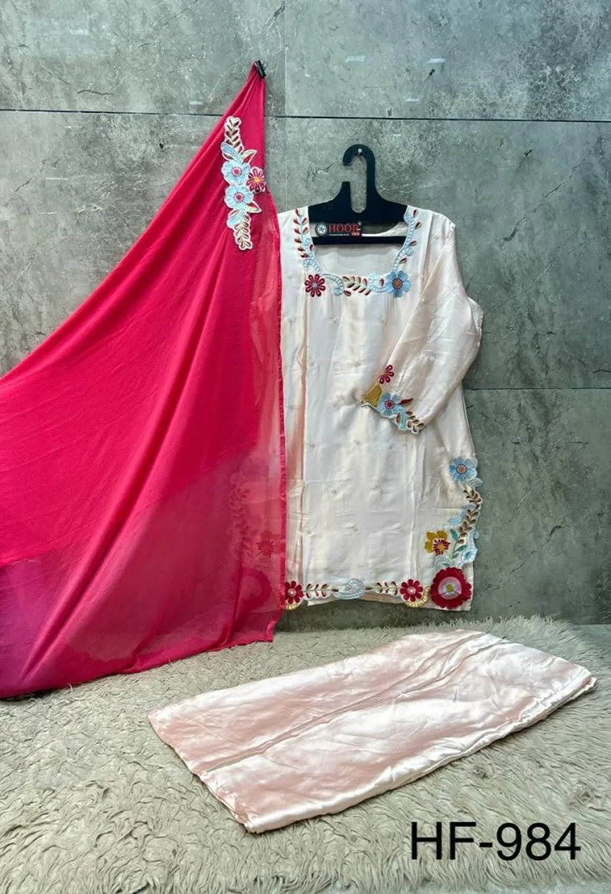 Hoor Tex 984 A To D Malai Satin Embroidered Designer Salwar Kameez Catalog — Wholesale Salwar Suits, hoor Tex wholesale from Surat — Photo 5