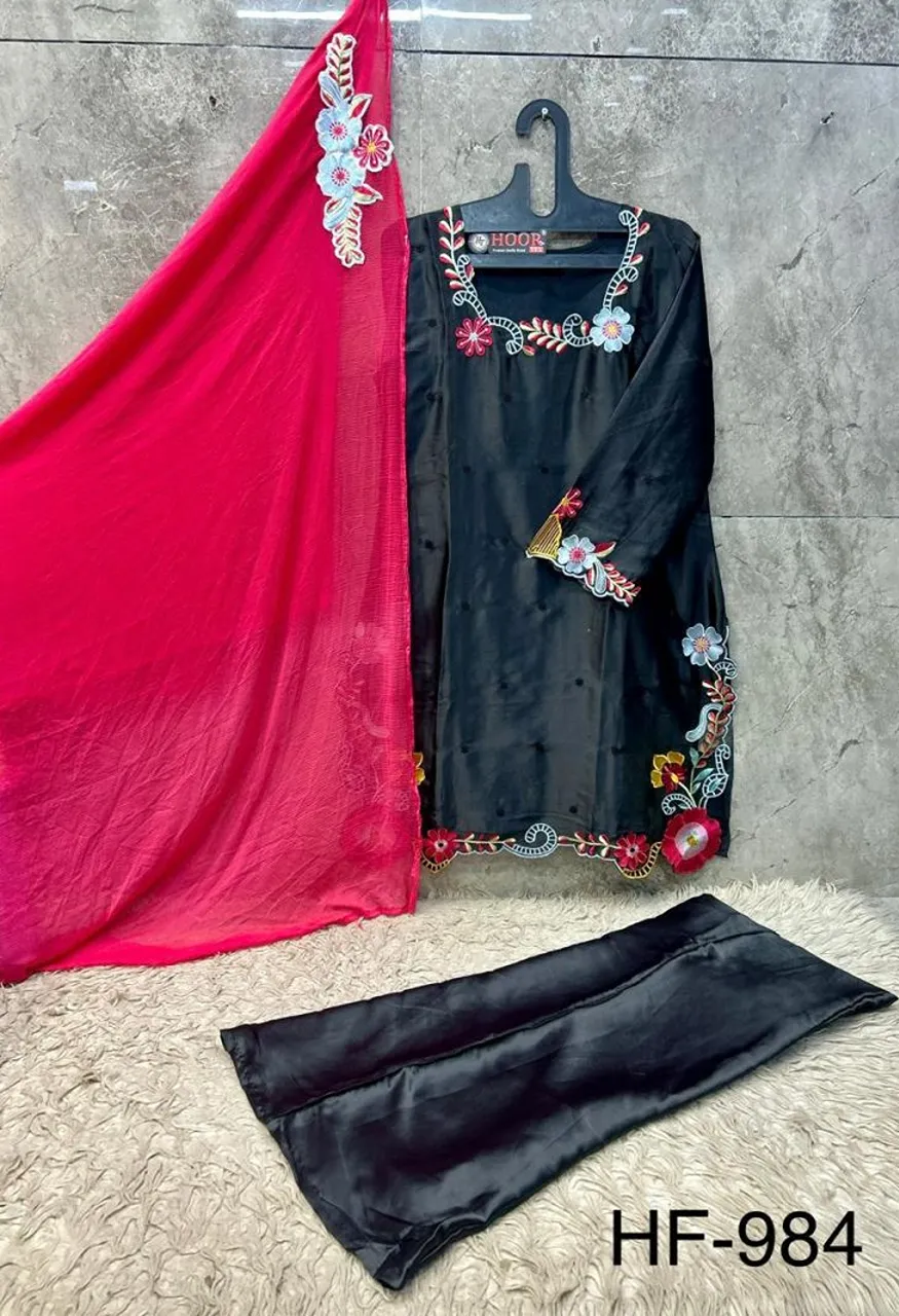 Hoor Tex 984 A To D Malai Satin Embroidered Designer Salwar Kameez Catalog — Wholesale Salwar Suits, hoor Tex wholesale from Surat — Photo 6