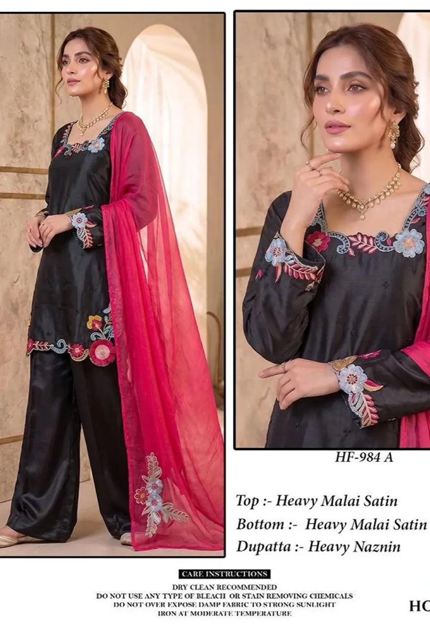Hoor Tex 984 A To D Malai Satin Embroidered Designer Salwar Kameez Catalog
