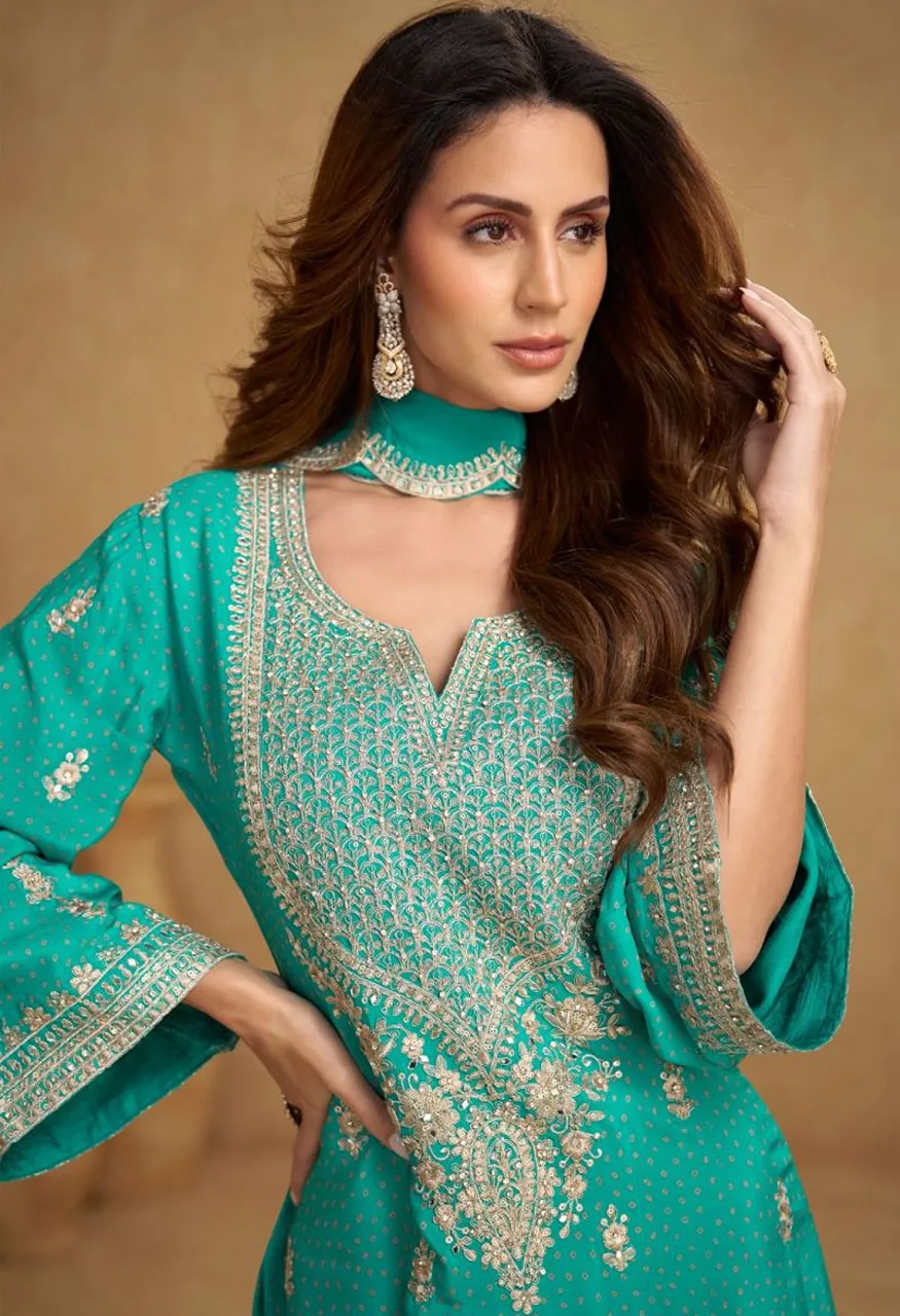 Gulkayra Designer Kareena Real Chinon Digital Print Embroidered Top Plazzo Dupatta Set