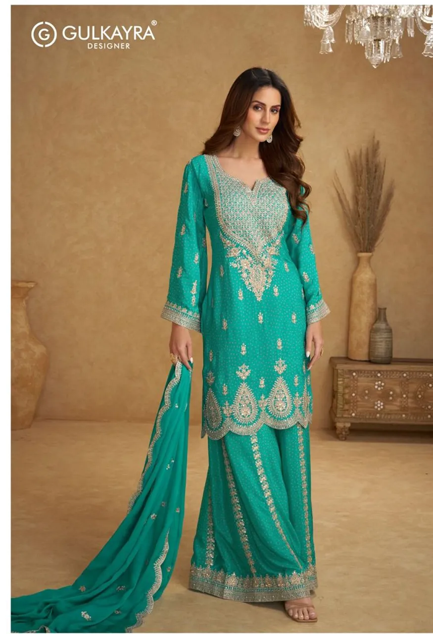 Gulkayra Designer Kareena Real Chinon Digital Print Embroidered Top Plazzo Dupatta Set — Wholesale Kurtis, Vardan Ethnic wholesale from Surat — view 2