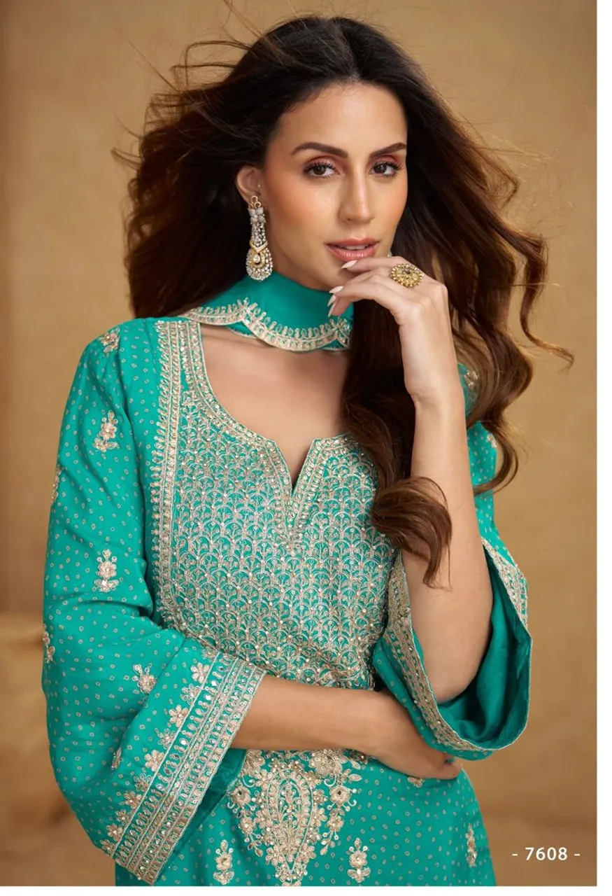 Gulkayra Designer Kareena Real Chinon Digital Print Embroidered Top Plazzo Dupatta Set — Wholesale Kurtis, Vardan Ethnic wholesale from Surat — view 3