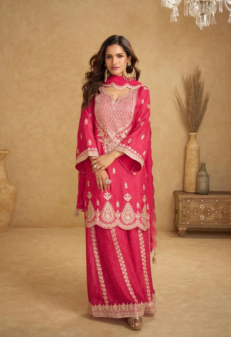 Gulkayra Designer Kareena Real Chinon Digital Print Embroidered Top Plazzo Dupatta Set — Wholesale Kurtis, Vardan Ethnic wholesale from Surat — view 4