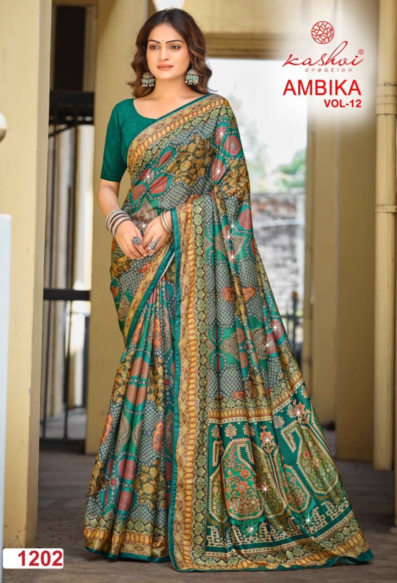 Kashvi Ambika Vol 12 Chocolate Digital Print Glass Work Saree Collection