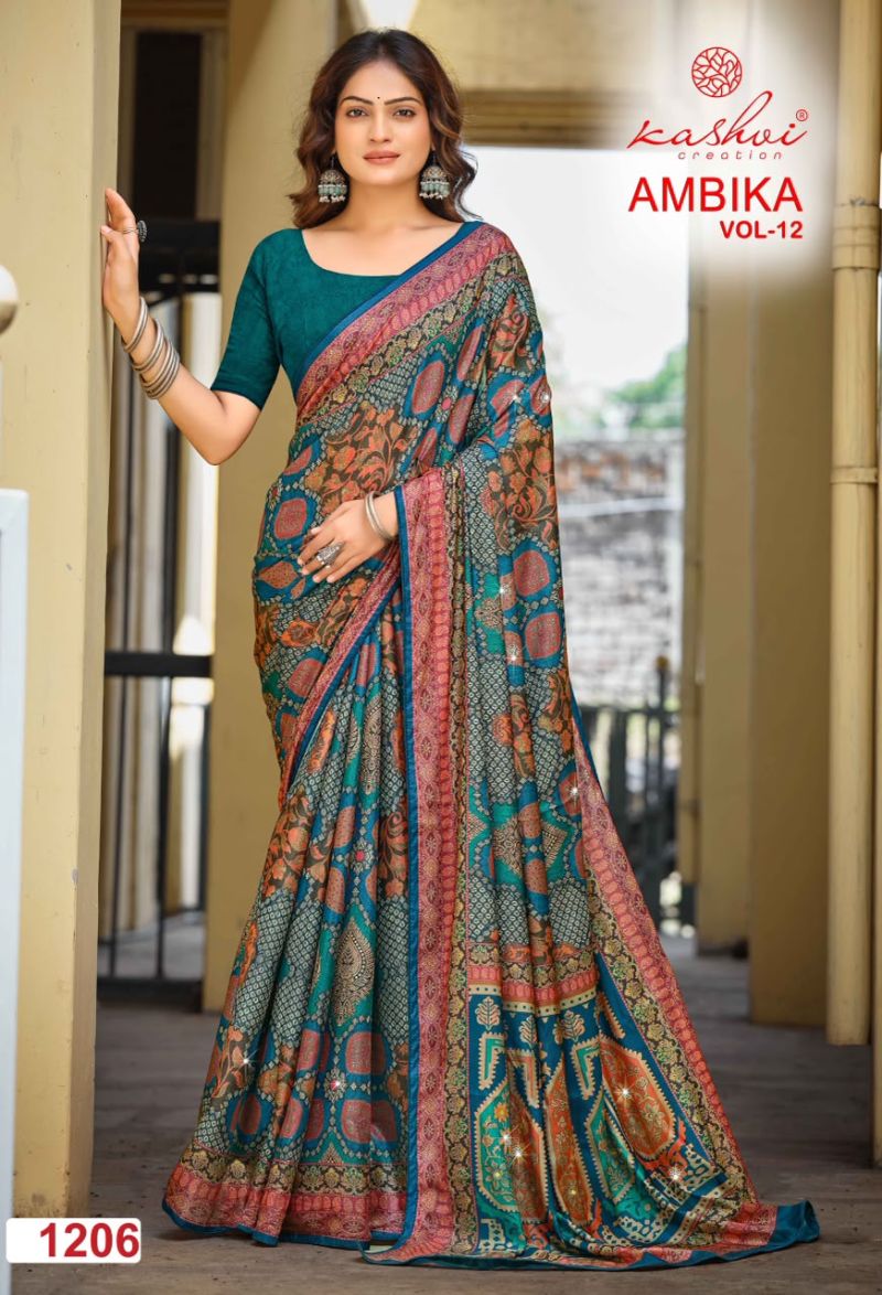 Kashvi Ambika Vol 12 Chocolate Digital Print Glass Work Saree Collection — Festival Sarees, Kashvi Creation wholesale from Surat — Photo 6