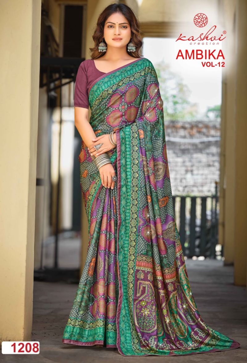 Kashvi Ambika Vol 12 Chocolate Digital Print Glass Work Saree Collection — Festival Sarees, Kashvi Creation wholesale from Surat — Photo 5