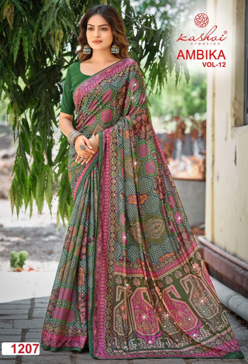 Kashvi Ambika Vol 12 Chocolate Digital Print Glass Work Saree Collection — Festival Sarees, Kashvi Creation wholesale from Surat — Photo 4