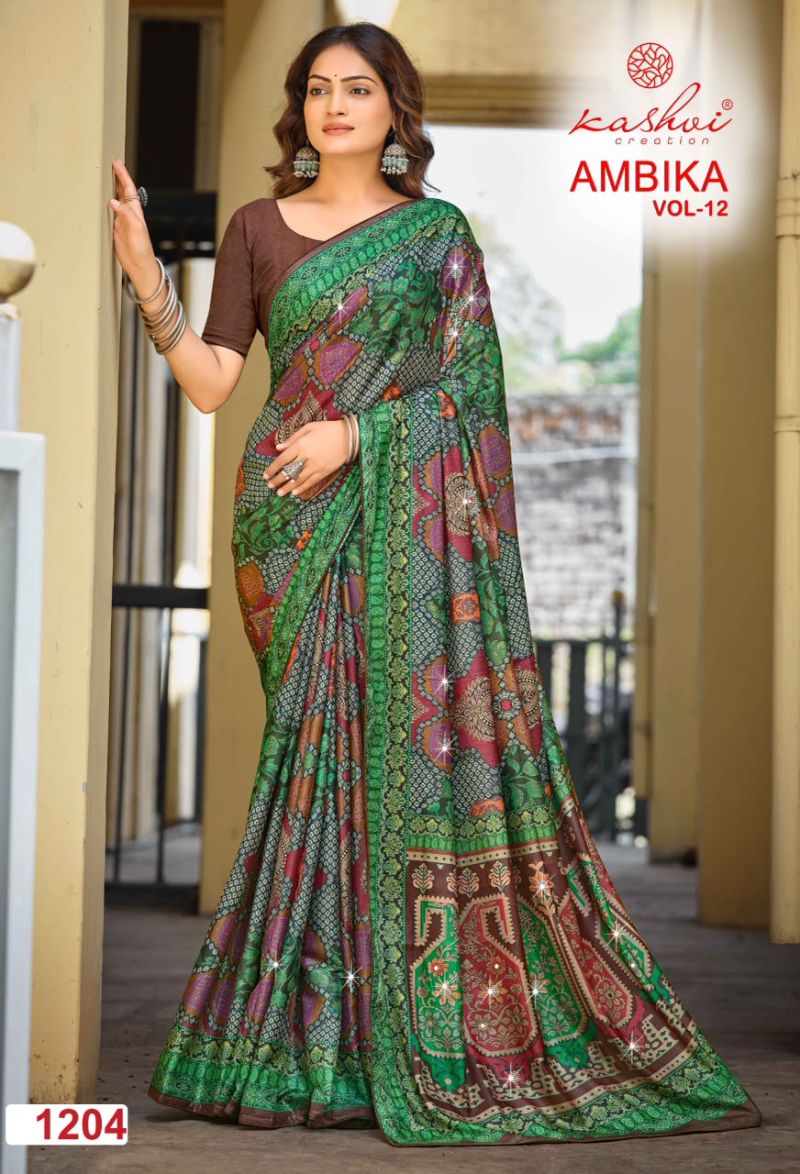 Kashvi Ambika Vol 12 Chocolate Digital Print Glass Work Saree Collection — Festival Sarees, Kashvi Creation wholesale from Surat — Photo 3